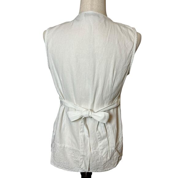 Mandarine Blue Linen White Eyelet Pin Tuck Top Medium Cottagecore Coastal - Picture 2 of 11